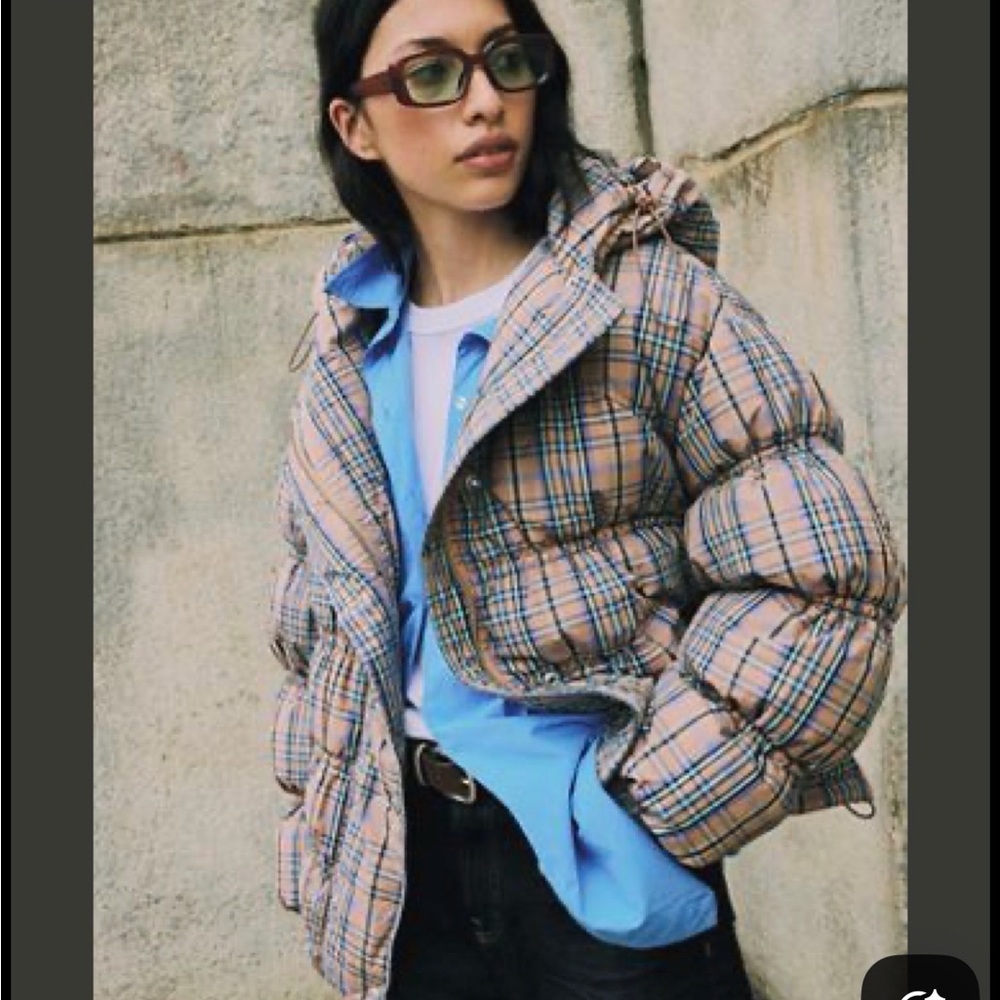 Plaid Puffer Jacket - Beige & Blue